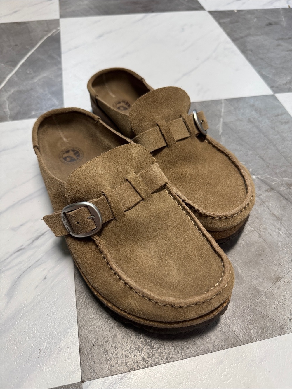 Birkenstock Buckley Brown Suede Clogs with Buckle